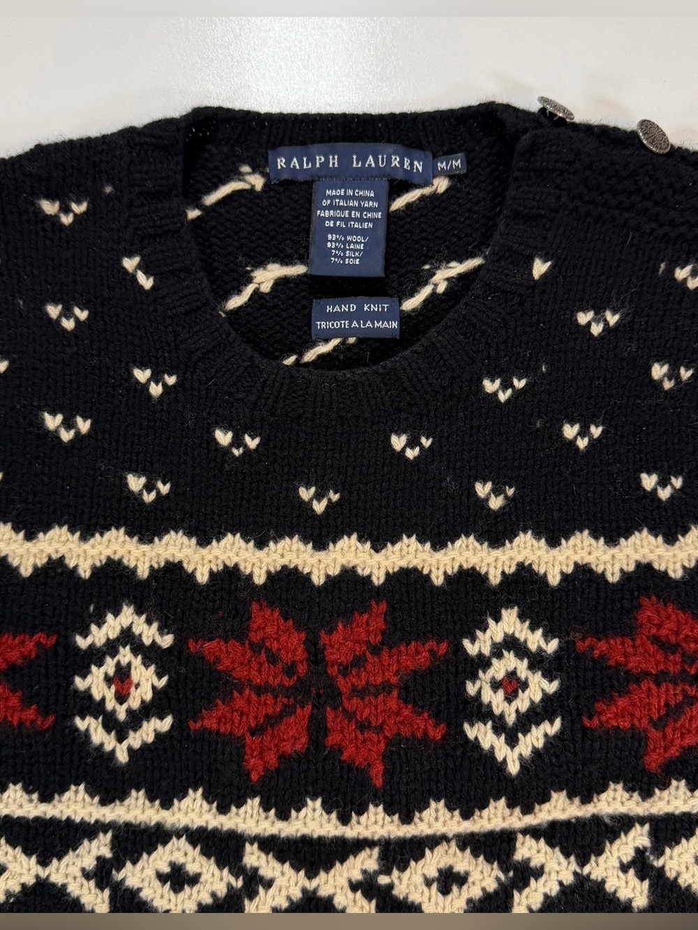 Ralph Lauren Sweater Hand Knit Snowflake Fair Isle Holiday Wool Silk Black Sz M - Picture 4 of 12